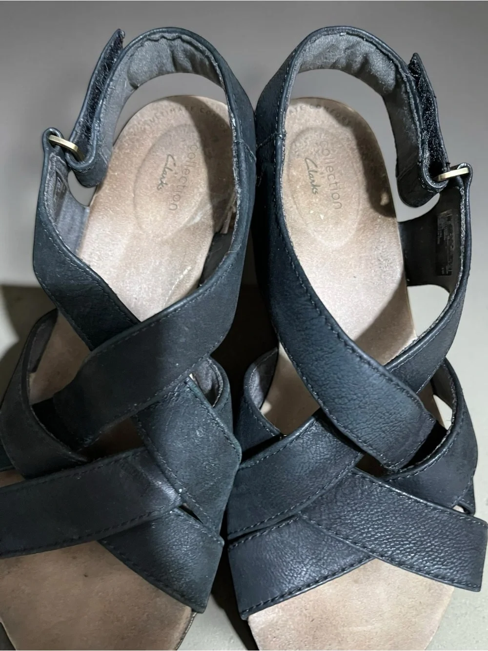 Clarks Collection Black Leather Cork Wedge Slingback Sandals Women’s 8.5